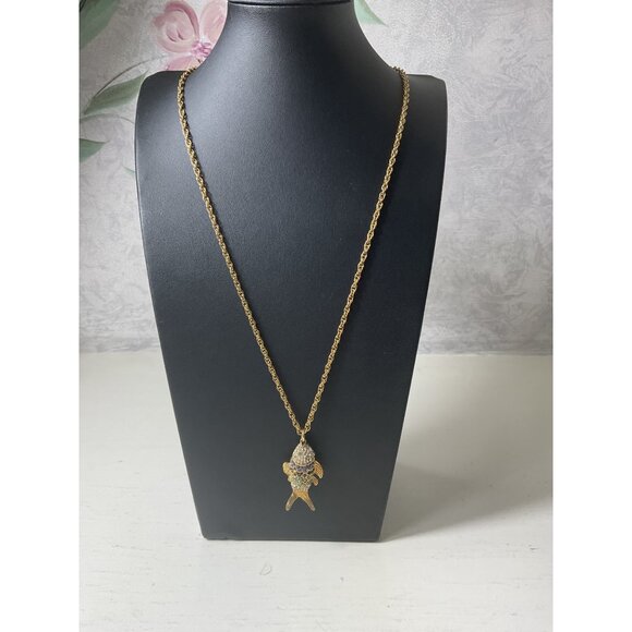 Vintage Ann Taylor Gold Tone Pave Rhinestone Fish Pendant Charm Necklace - Picture 6 of 6